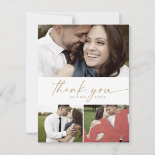 Cartão De Agradecimento Casamento de Colagem de Fotos do Script Dourado Mo
