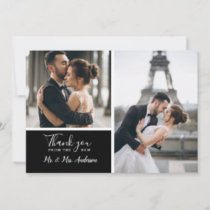 Cartão De Agradecimento Casamento de Colagem de Fotos em Preto 2 Elegante