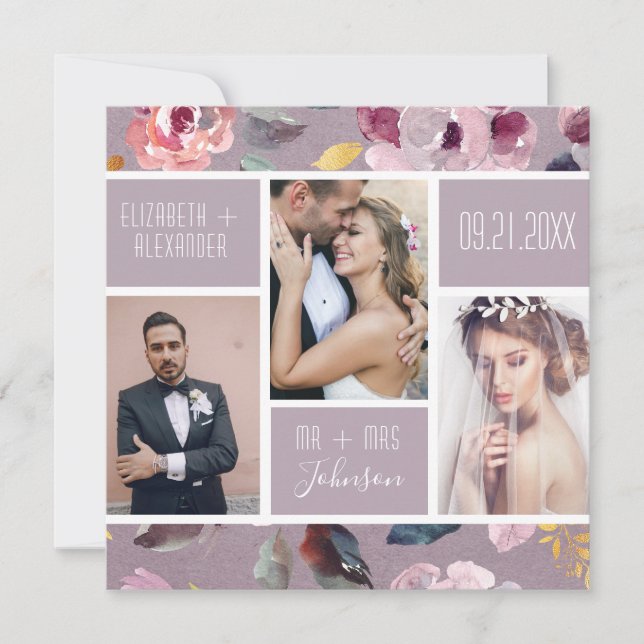 Cartão De Agradecimento Casamento de Colagem de Fotos Floral Moderna Lilac (Frente)