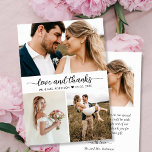 Cartão De Agradecimento Casamento de Colagem de Obrigados e Amor Elegante<br><div class="desc">Cartão de Colagem de Fotos de Script Elegante, Minimalista, Moderno, Escrito Em "Obrigados e Amor". modelo de cartões de agradecimentos de casamento com três (3) fotos na frente e uma (1) foto na parte traseira. Apresentando um texto "Amor e Obrigados" em letras suaves tipografia ou script de caligrafia, coroa preta...</div>