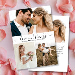 Cartão De Agradecimento Casamento de Colagem de Obrigados e Amor Moderno<br><div class="desc">Moderno, Elegante, Escrito À Mão "Obrigados e Amor", Roteiro De Cartões de agradecimentos De Casamento De Colagem De Fotos. modelo da placa de na moda com três (3) fotos na frente e uma (1) fotos na parte traseira. Apresentando um texto "Amor e Obrigados" em uma caligrafia suave, escrita à mão,...</div>