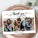 Cartão De Agradecimento Casamento de Colagem Fotográfica do Script 3 de Ca<br><div class="desc">Elegante Cartões de agradecimentos De Casamento Fotográfico De Script De Clássica Moderna De Caligrafia. modelo obrigado na moda com 3 fotos na frente com o texto "Obrigado" em uma letra suave de letras tipográficas de letras de punho. Placa de dois lados na foto de trás 1 (uma). Facilmente personalizar seu...</div>