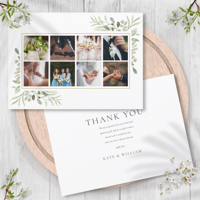 Cartão De Agradecimento Casamento de Colagem Fotográfica Elegante Greenery (Elegant Greenery 8 Photo Collage Wedding Thank You Card)