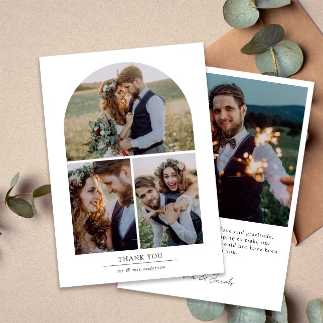 Cartão De Agradecimento Casamento de Colagem Multifotográfica em Arch Eleg (Criador carregado)