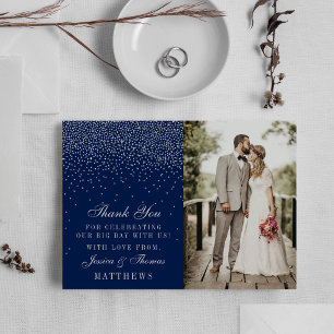 Cartão De Agradecimento Casamento de Confetes Azul Marinho e Prata Glam Fo