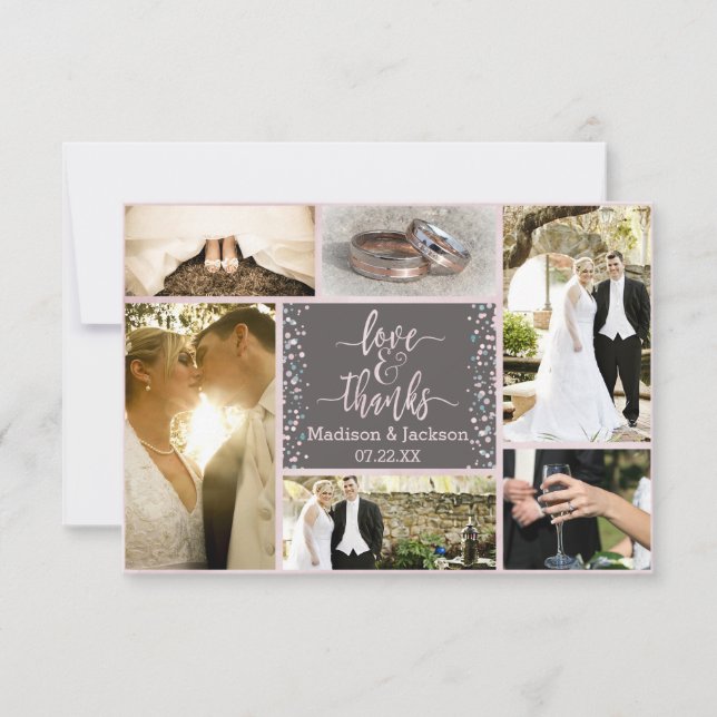 Cartão De Agradecimento Casamento de Confetti com Aquarela Rosa Obrigado F (Frente)