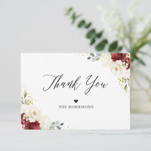 Cartão De Agradecimento Casamento de Confetti Dourado com o Floral Vermelh