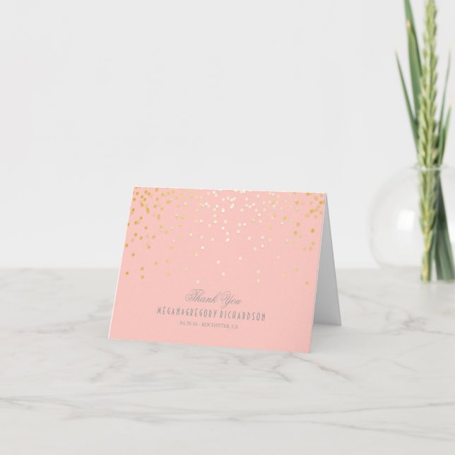 Cartão De Agradecimento Casamento de Confetti Dourado Rosa Esbranquiçado O (Frente)