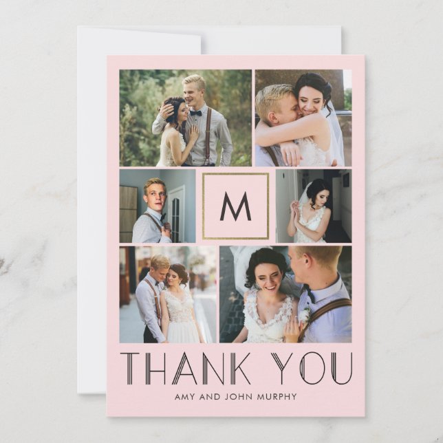 Cartão De Agradecimento Casamento de COR EDITÁVEL Moderno Inicial Obrigado (Frente)