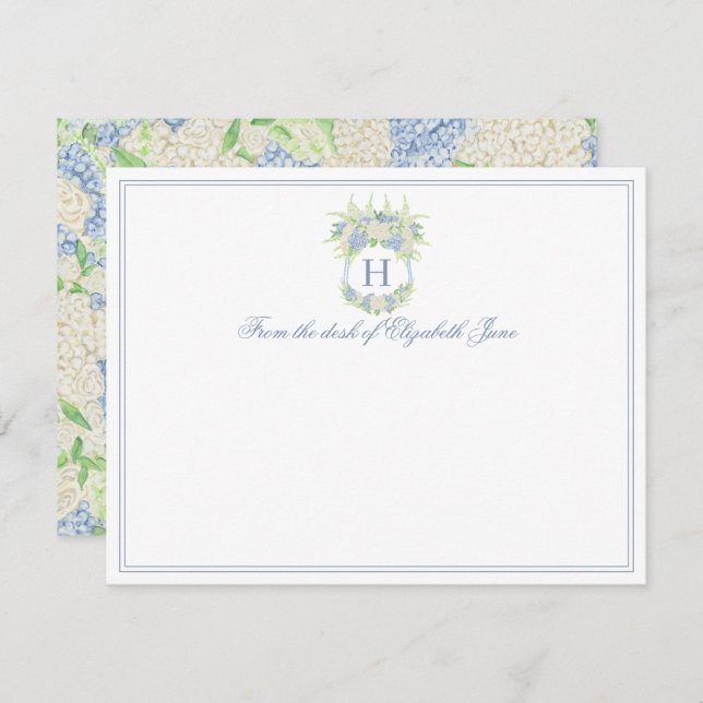 Cartão De Agradecimento Casamento de Crest de Hydrangea Azul e Branco (Frente/Verso)