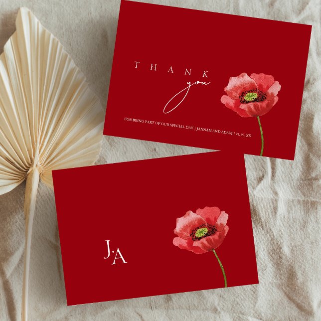Cartão De Agradecimento Casamento de Crimson Red Poppy Monograma (Crimson Red Poppy Monogram Wedding Thank You Card)