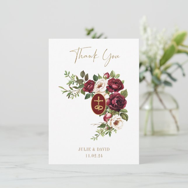 Cartão De Agradecimento Casamento de Crucifixo Dourado Católico Claret Flo (Em pé/Frente)