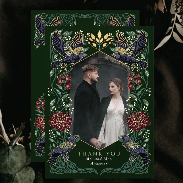 Cartão De Agradecimento Casamento de Dahlia Snapdragon Gothic Raven Encant (Criador carregado)