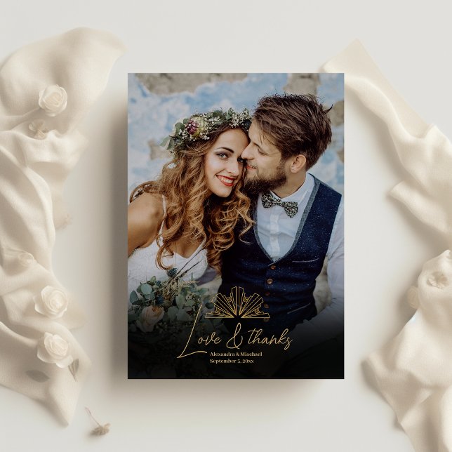 Cartão De Agradecimento Casamento de Deco de Arte Dourada e Preta Elegante (Criador carregado)