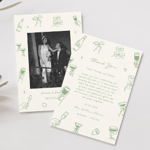 Cartão De Agradecimento Casamento de Desenho da Mão Verde Fotográfica
