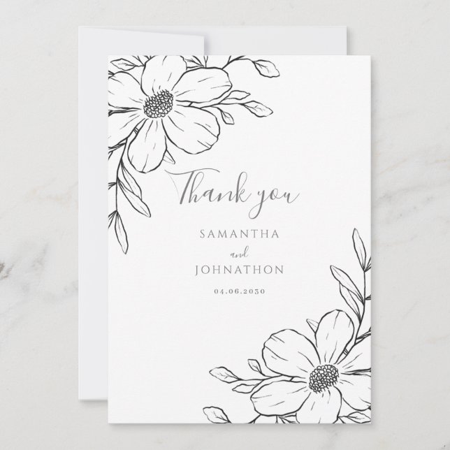 Cartão De Agradecimento Casamento de Desenho de Linha Floral Branca Negra (Frente)