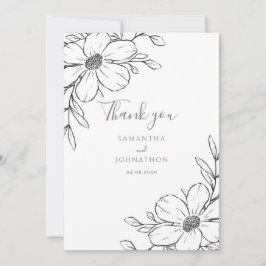 Cartão De Agradecimento Casamento de Desenho de Linha Floral Branca Negra