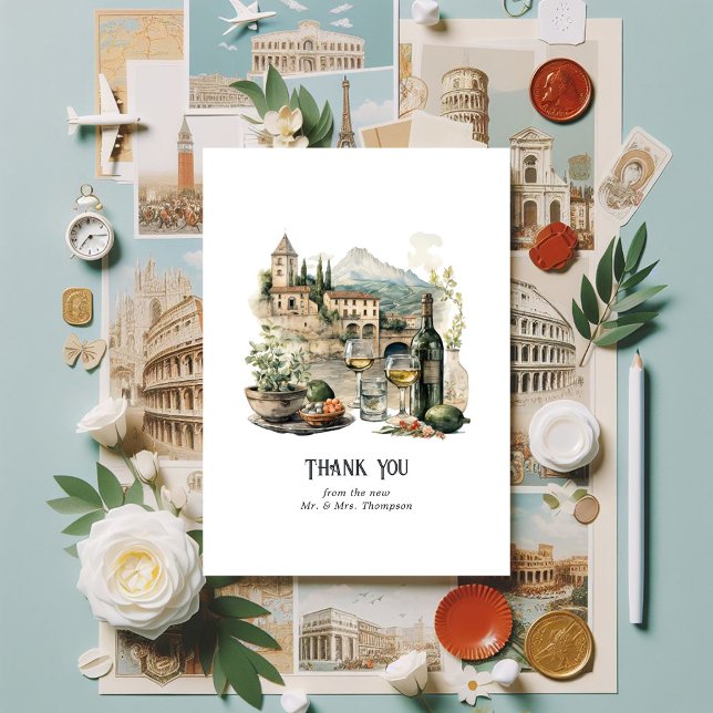 Cartão De Agradecimento Casamento de Destino Italiano de Aquarela (Italian themed Wedding)