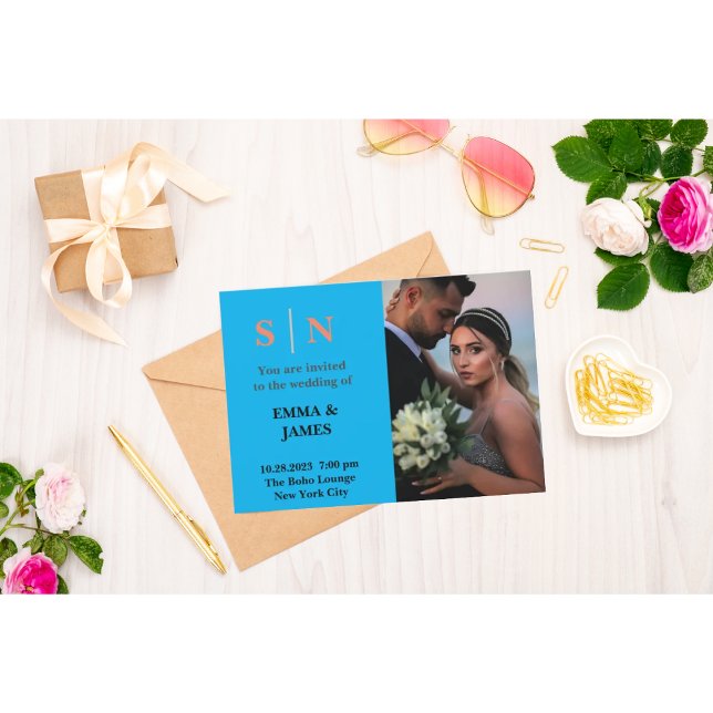 Cartão De Agradecimento Casamento de duas fotos de azul mínimo e chicDusty (Criador carregado)