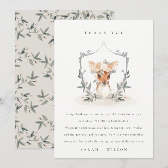Cartão De Agradecimento Casamento de Dusky Deer Floral Crest (Frente/Verso)