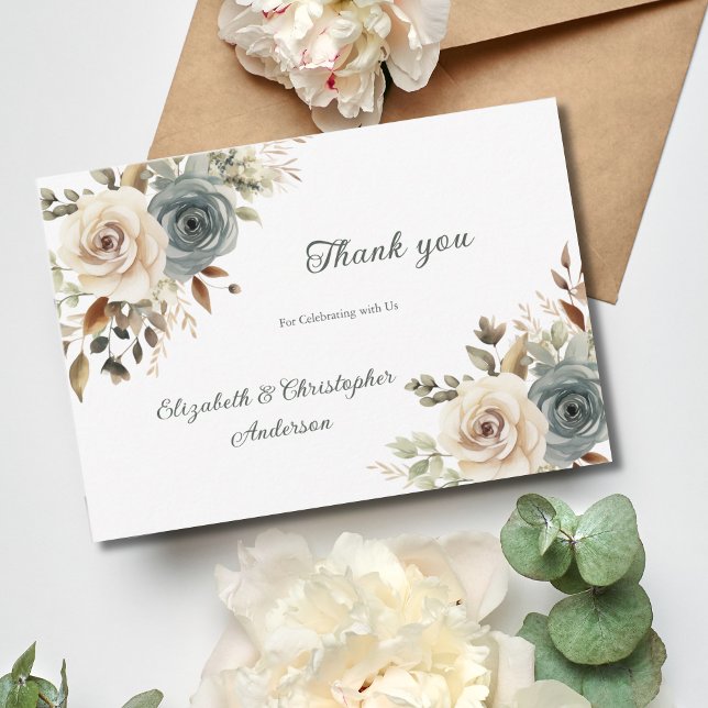 Cartão De Agradecimento Casamento de Dusty Blue Floral Botânico (Dusty Blue White Beige Floral Botanical Wedding Thank you card)