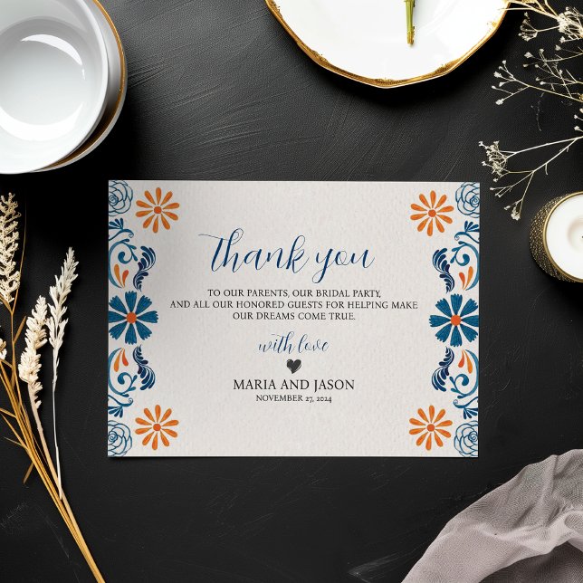 Cartão De Agradecimento Casamento de Elegante Fiesta Floral Azul Mexicano (Mexican Blue Orange Floral Elegant Fiesta Wedding Thank You Card)