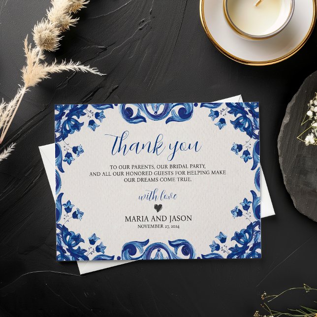 Cartão De Agradecimento Casamento de Elegante Fiesta Floral Azul Mexicano (Mexican Blue Floral Elegant Fiesta Wedding Thank You Card)