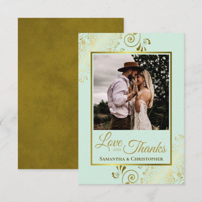 Cartão De Agradecimento Casamento de Elegante Mint Green & Dourado Love &  (Frente/Verso)