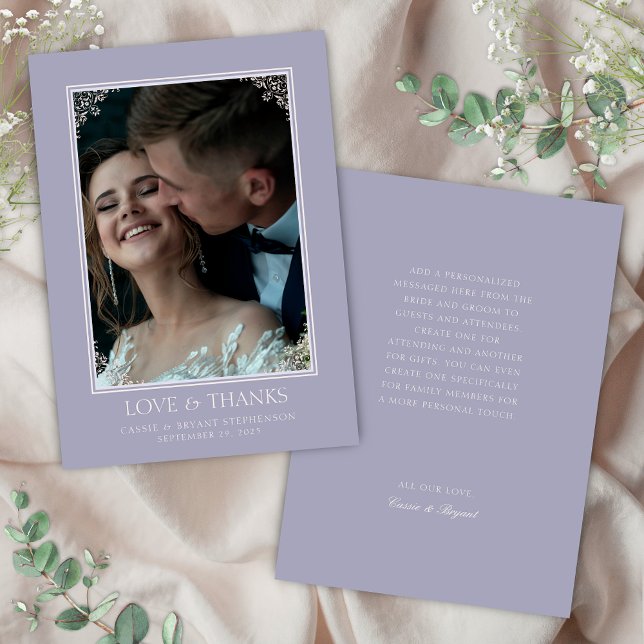 Cartão De Agradecimento Casamento de Fairytale de Fronteira Delicada Elega (elegant purple and blush pink french lilac theme wedding thank you cards with border photo message)