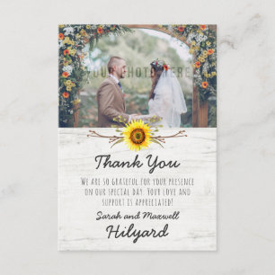Cartão De Agradecimento Casamento de Fazenda de Sunflower e Rustic Wood Ob