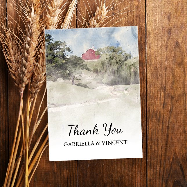 Cartão De Agradecimento Casamento de Fazenda do Red Barn em Hill Country (Show gratitude after your farm style bridal shower or wedding with this country barn thank you note.)