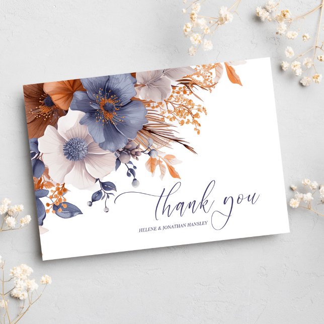 Cartão De Agradecimento Casamento de ferrugem azul-Elegante Floral (Floral Elegant Dusty Blue Rust Wedding Thank You Card)