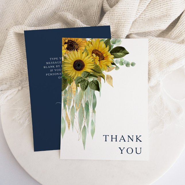 Cartão De Agradecimento Casamento de Flor Floral Azul-Marinho Elegante (Elegant Navy Blue Floral Sunflower Wedding Thank You Card)