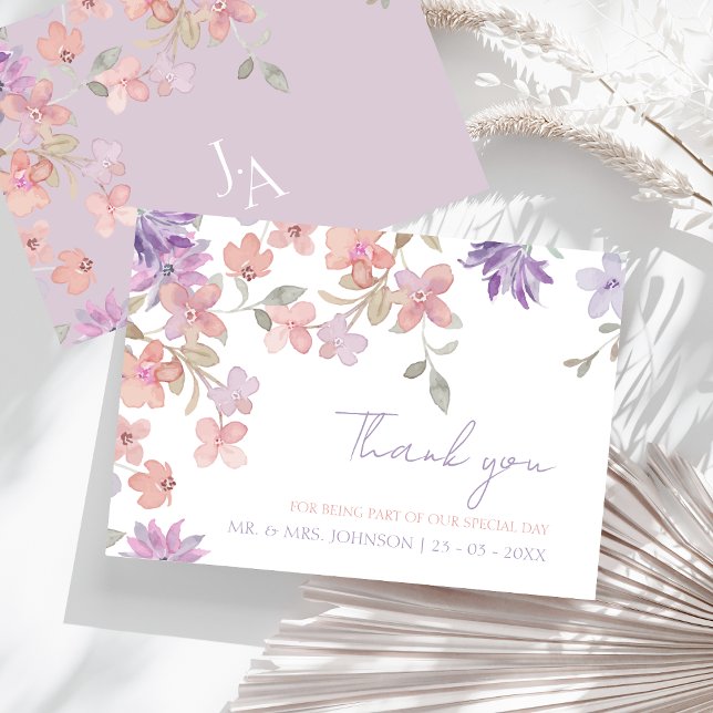Cartão De Agradecimento Casamento de Flor Selvagem Rosa-Lavanda Elegante (Elegant Lavender Pink Whimsical Wildflower Wedding Thank You Card)