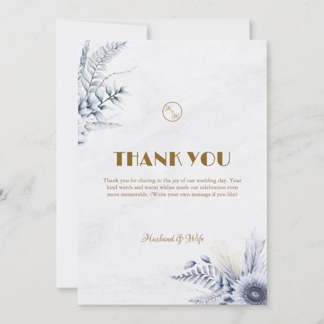 Cartão De Agradecimento Casamento de Flores Azuis Simples Personalizadas (Frente)