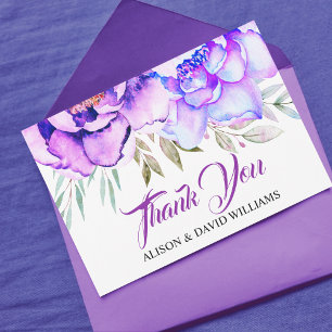 Cartão De Agradecimento Casamento de flores de aquarela púrpura acentos az