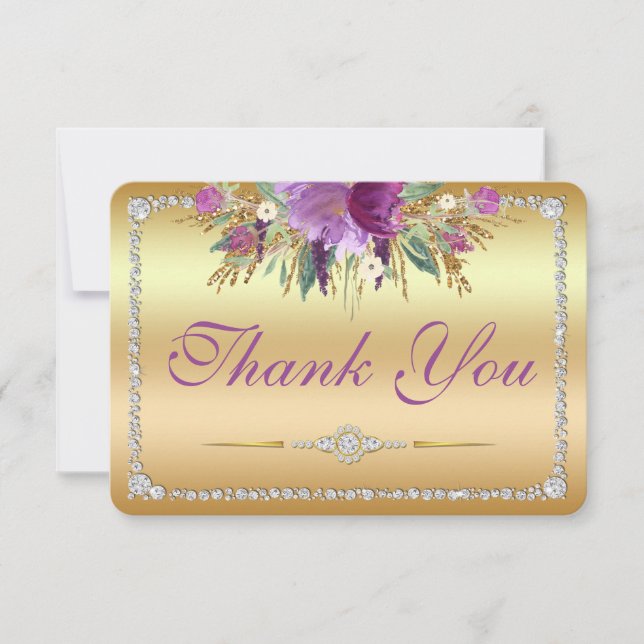 Cartão De Agradecimento Casamento de Flores de Diamantes Obrigado Dourado (Frente)