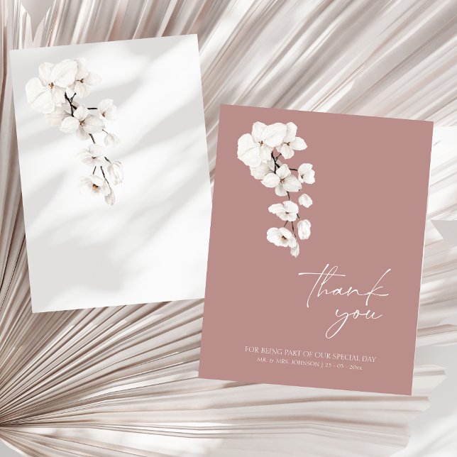 Cartão De Agradecimento Casamento de Flores de Orquídeas Brancas Rosa Mode (Modern Dusty Pink White Orchids Flowers Wedding Thank You Card)