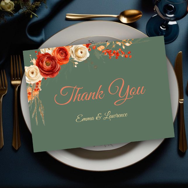 Cartão De Agradecimento Casamento de flores de sage laranja de queda elega (Criador carregado)