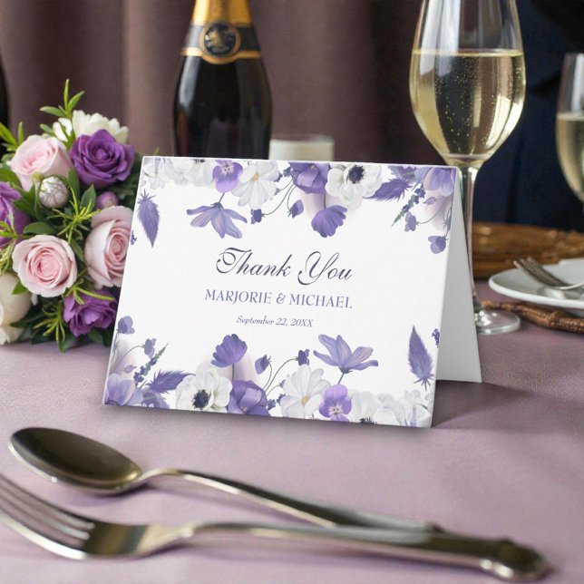 Cartão De Agradecimento Casamento de Flores Roxas Violeta Aquarela (Criador carregado)