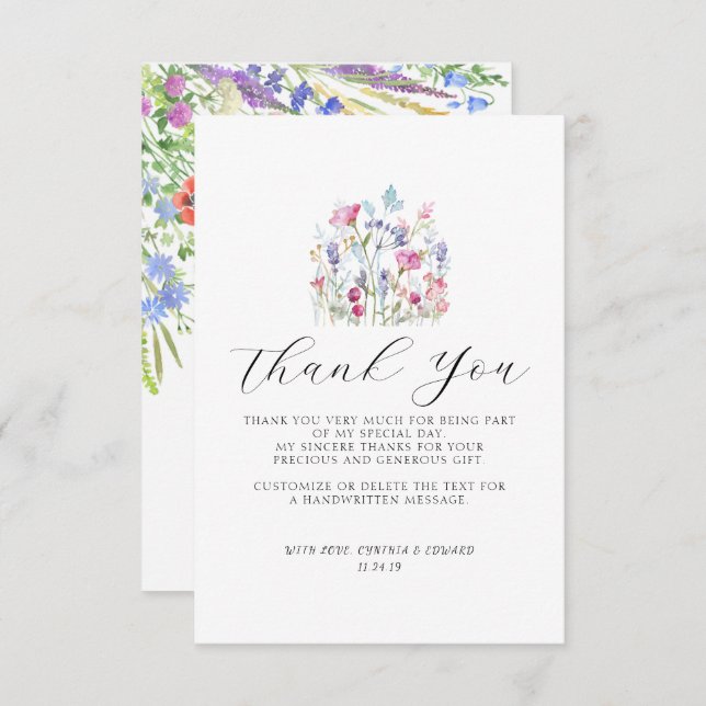 Cartão De Agradecimento Casamento de flores selvagens Elegant Summer Meado (Frente/Verso)