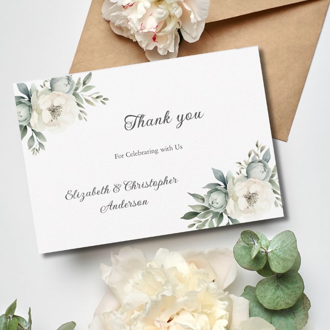 Cartão De Agradecimento Casamento de Florestas Florais Brancas Greenerescê (White Floral Flowers Greenery Botanical Watercolor Wedding Thank you card)