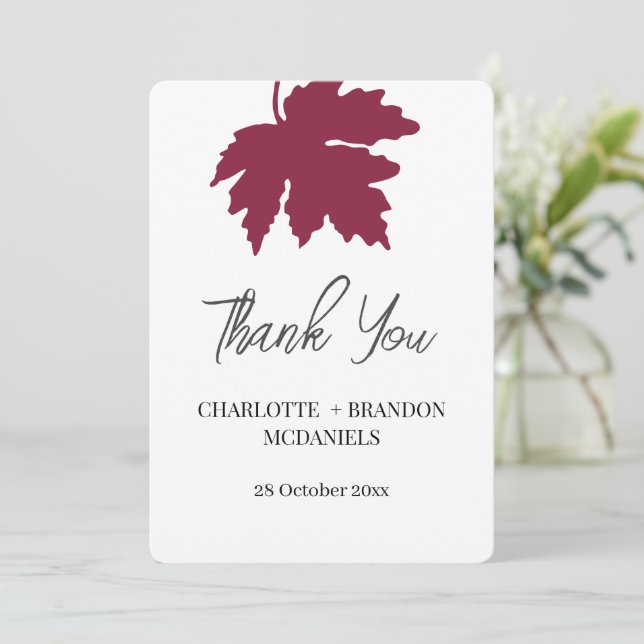 Cartão De Agradecimento Casamento de Folha de Bordo Outono Borgonha Obriga (Em pé/Frente)