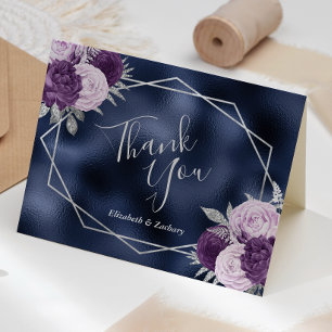 Cartão De Agradecimento Casamento de Folhas de Lilás Prata Azul Naval