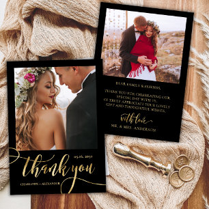 Cartão De Agradecimento Casamento de Foto 2 Enorme Letra Dourada Script Pr