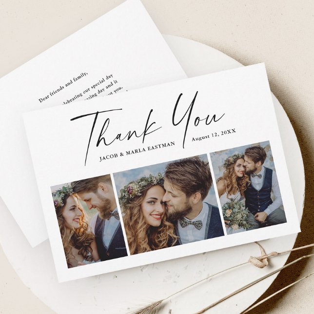 Cartão De Agradecimento Casamento de Foto 3 Script Moderno (Modern script black and white 3 photo collage wedding thank you card.)