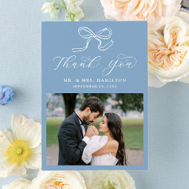 Cartão De Agradecimento Casamento de Foto Azul com Laço Elegante