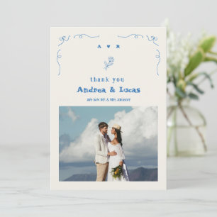 Cartão De Agradecimento Casamento de Foto Azul do Arco Monograma Desenhado