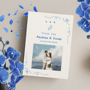 Cartão De Agradecimento Casamento de Foto Azul do Arco Monograma Desenhado