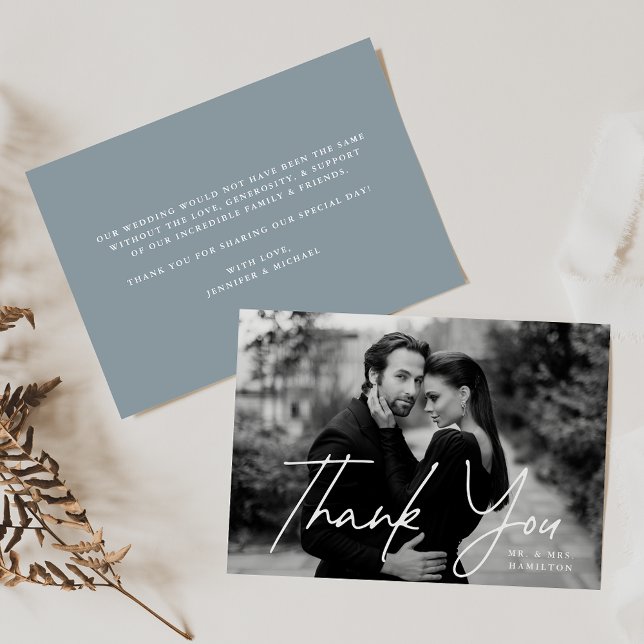 Cartão De Agradecimento Casamento de Foto Azul Dusty Script Casual (Criador carregado)